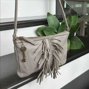 Fossil, genuine, leather Crossbody shoulder handbag purse, neutral fringe